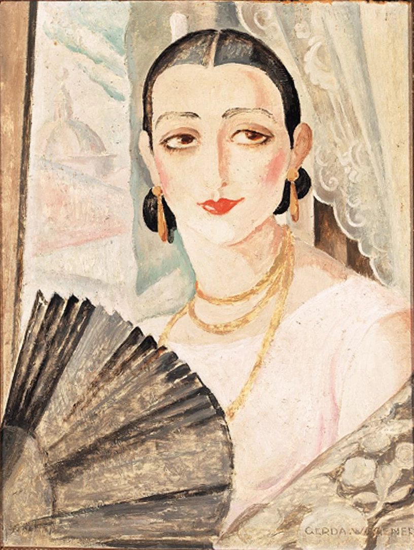 Lili Elbe - Ritratto di Lili Elbe con ventaglio, da Gerda Wegner